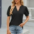 thumbnail image 3 of Fesfesfes V Neck Tshirt Women's Summer Solid Lace V-neck Bubble Short Sleeve Solid T-shirt Top Short Tshirts for Women M(US:6), 3 of 5