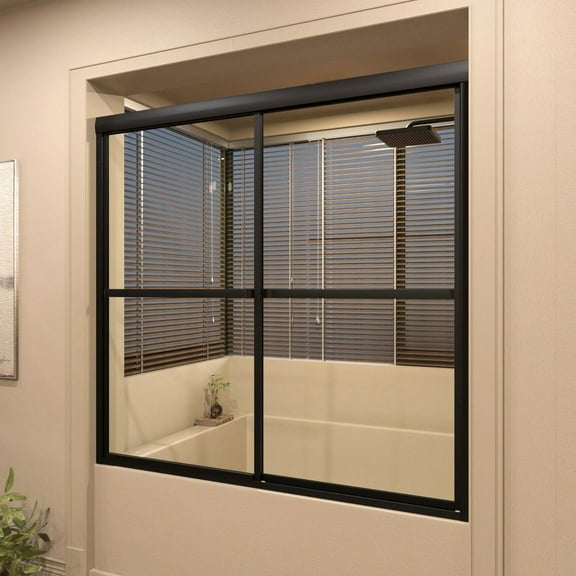 59 in. W x 56 in. H Sliding Framed Tub Door in Matte Black Finish with Clear Tempered Glass
