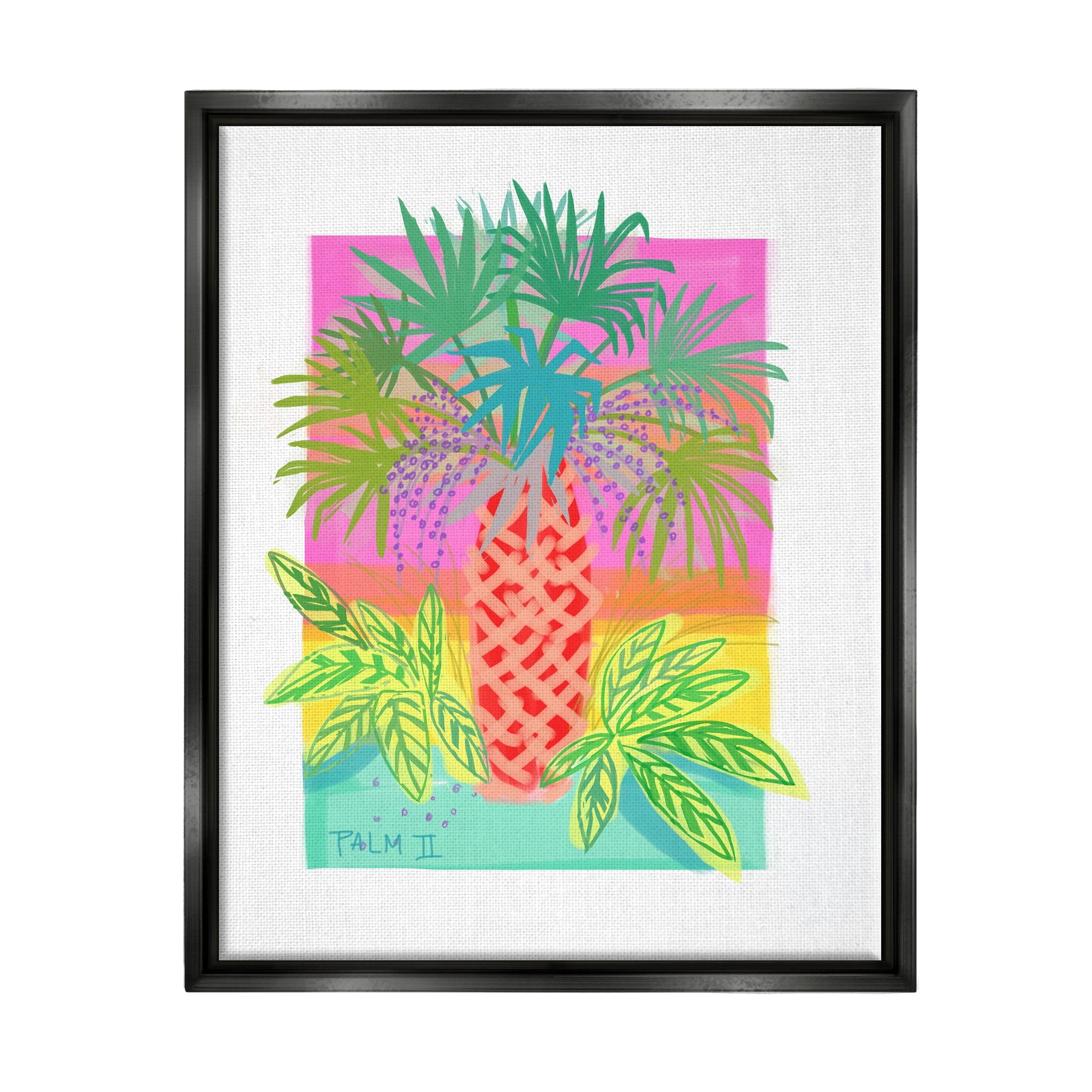 Stupell Industries Neon Palm Tree Botanicals Tropical Coastal Leaves Graphic Art Luster Gray Floating Framed Canvas Print Wall Art, Design by unknown
