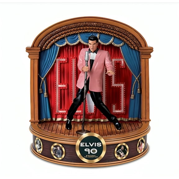 The Bradford Exchange Elvis Presley 90th Birthday Sculpture Collectible Tribute Plays Hound Dog Illuminated Stage & Backdrop Ed Sullivan Show-Inspired Design 8.25-inches