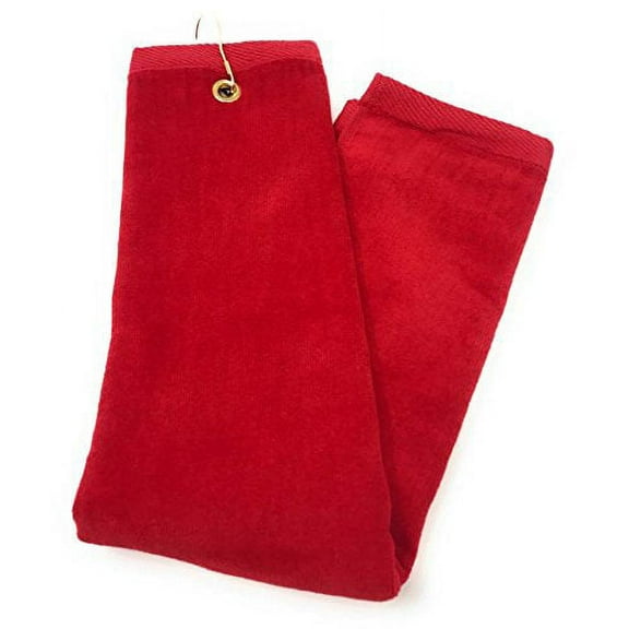 RED Cotton Golf Towel Tri-Fold with Grommet & Hook for Golf Bag
