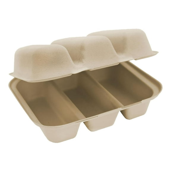 World Centric 8"x7"x3" Compostable Taco Box, 3-Compartment - Case of 300 - Plant Fiber - TO-SC-T3-LFS