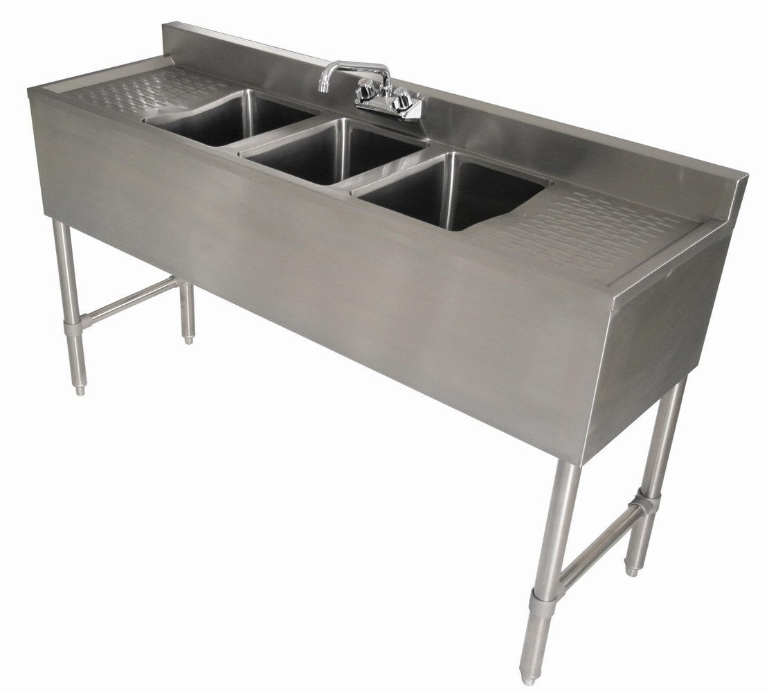 Faucet Included NSF Certified Restaurant, Kitchen, Hotel, Bar DuraSteel 3 Compartment Stainless Steel Bar Sink with 10 L x 14 W x 10 D Bowl Underbar Basin Right Drainboard 