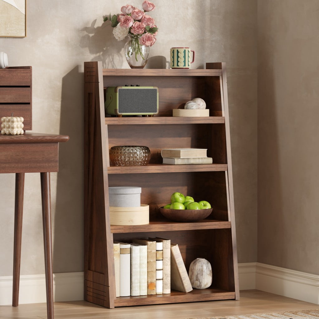 Expandable Bookshelf, 4-Tier 2-Piece L-Shaped Adjustable Bookcase, Up to 47" Wide Modular Storage Shelf for Wall Corners, Living Room, Bedroom & Small Spaces, Walnut