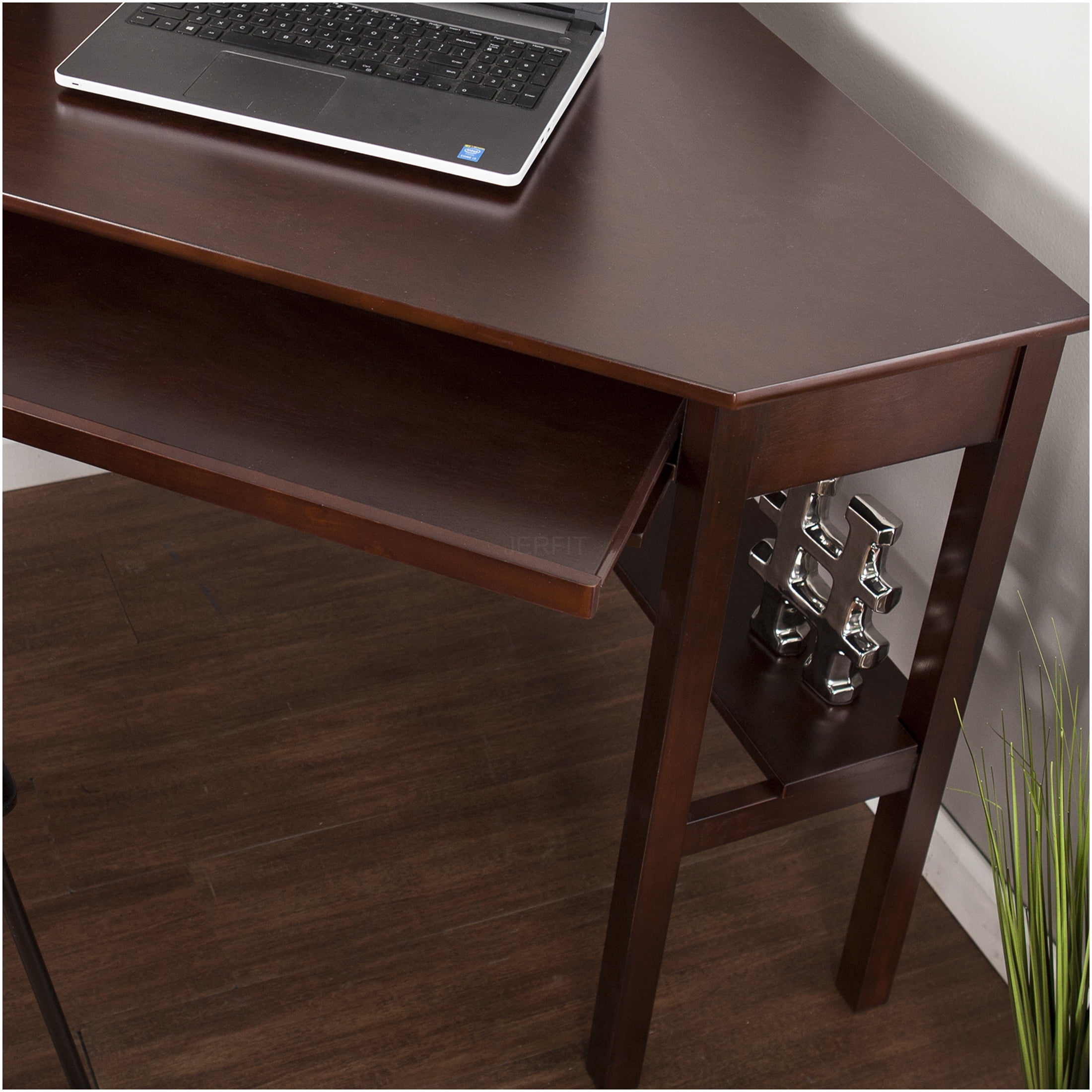 JERFIT Modern Espresso Wood Computer Desk with Drawers & Keyboard Tray, Home Office Writing Study Gaming Desk, Solid Wood Construction