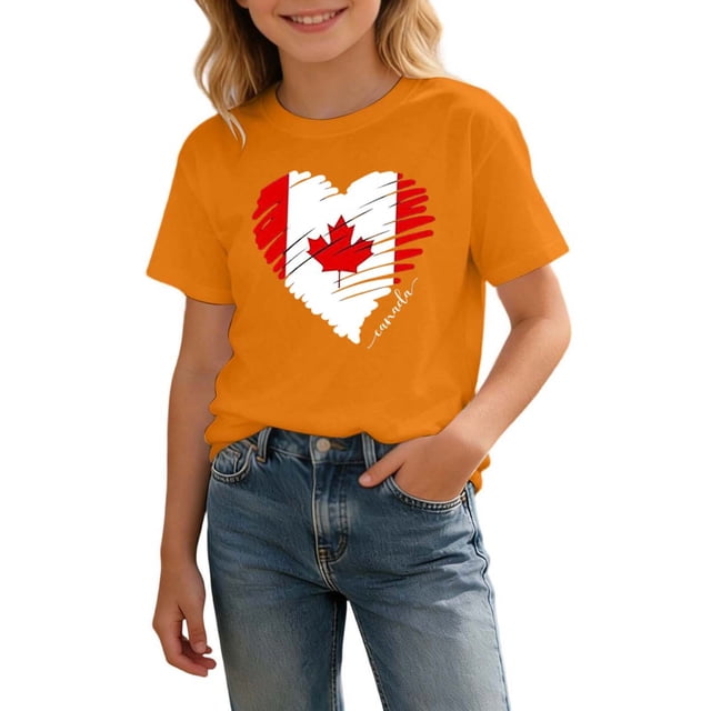 T-Shirt Canada Filles Feuille d'Érable Canadienne Drapeau Col Rond Manches Courtes Blouse Enfants Fête du Canada Imprimé Graphique Décontracté Enfants Fille Fête du Canada Col Rond T-Shirt Imprimé Drapeau Canadien