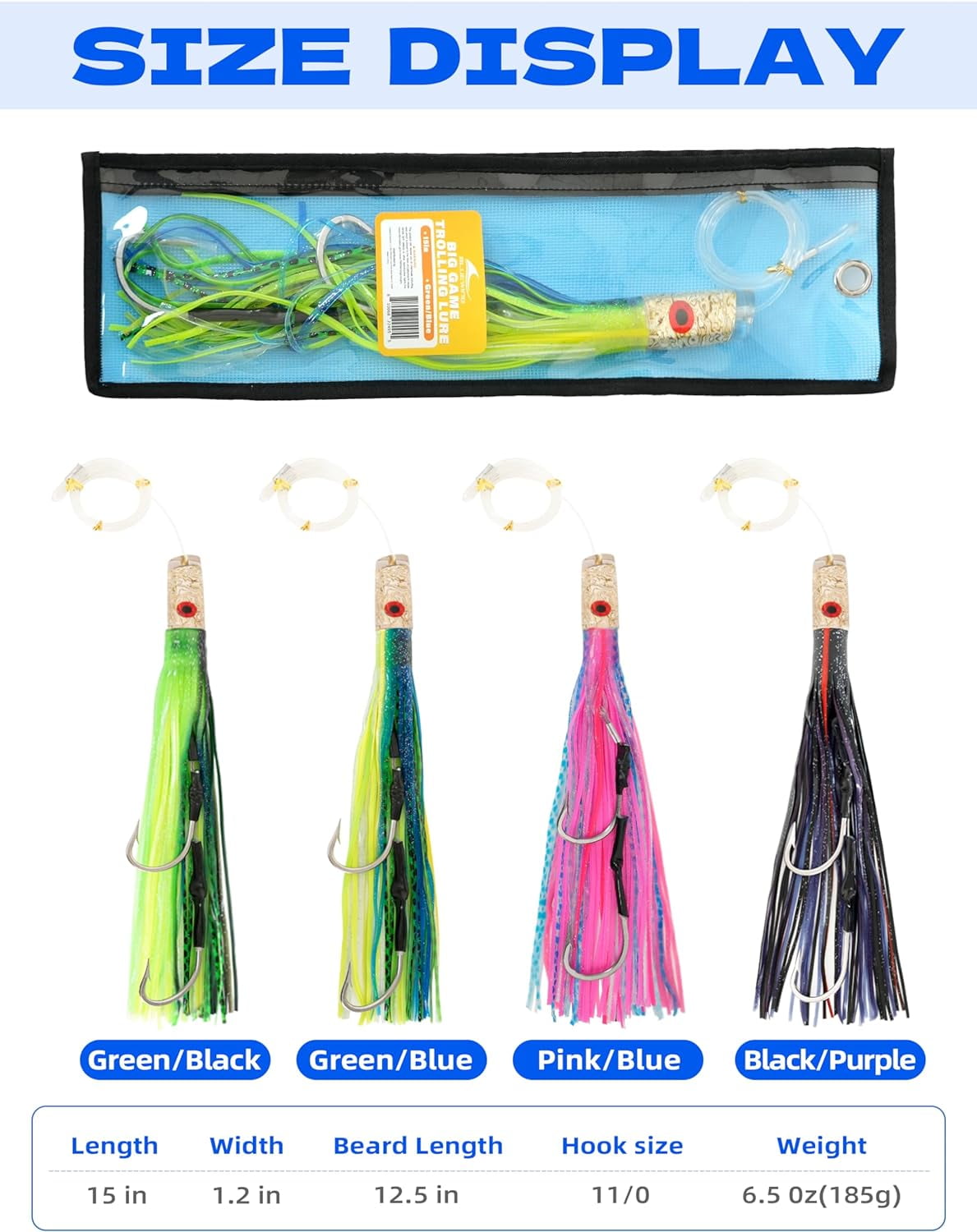 BLUEWING 15in Big Game Trolling Lure with Double Rigged Hookset and 300lb High Strength Fishing Line Saltwater Fishing Lures for Wahoo Tuna Marlin Mahi Mahi Green/Blue