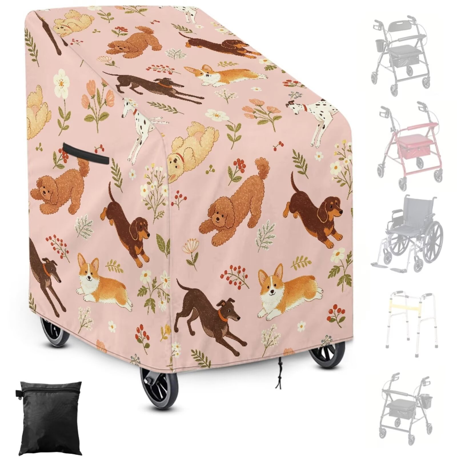 ZIATUBLES Rollator Walker Cover with Storage Pouch, Dustproof & Windproof for Seniors’ Rolling Walker with Seat, All-Weather Outdoor Protection, Home & Travel, Floral Puppy Dog Printed
