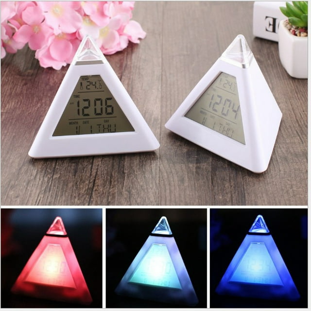 Xuewenshw Triangle Colorful Color Changing Alarm Clock Lazy Alarm Clock LED Colorful Alarm Clock Triangle Pressure Reducing Small Alarm Clock Holder for Stones Display