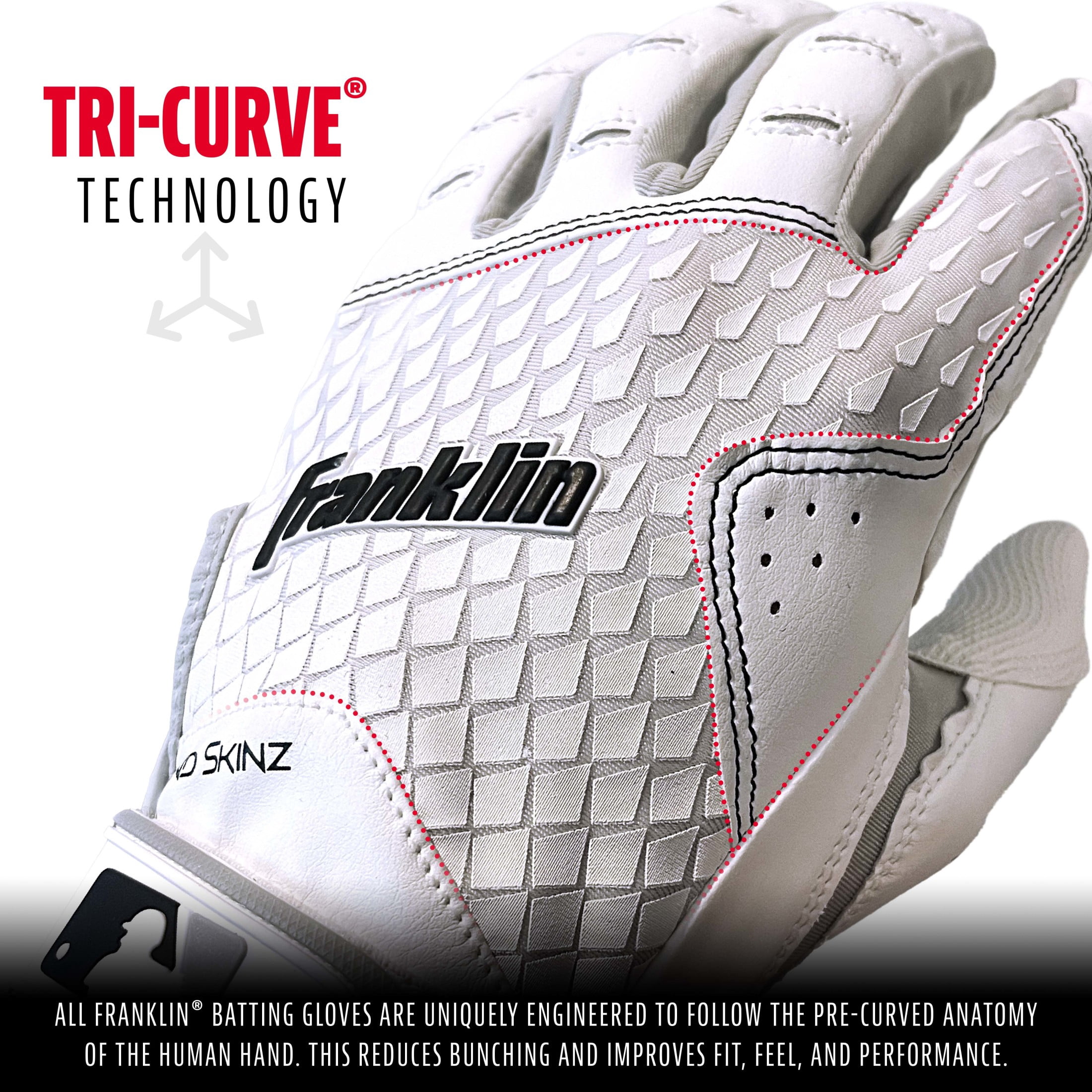 Franklin Sports MLB Batting Gloves - 2nd Skinz Youth Batting Gloves - Baseball + Softball Gear - Kids White Pair - Youth Large