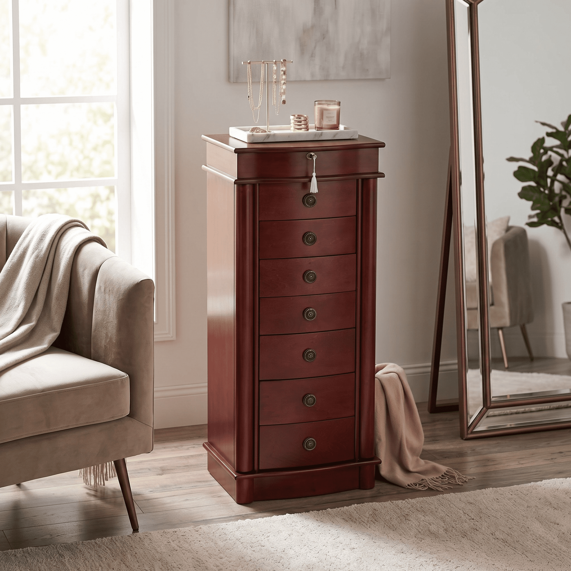 Hives and Honey Nora Traditional Jewelry Armoire with Locking Compartment and Ample Storage, Cherry
