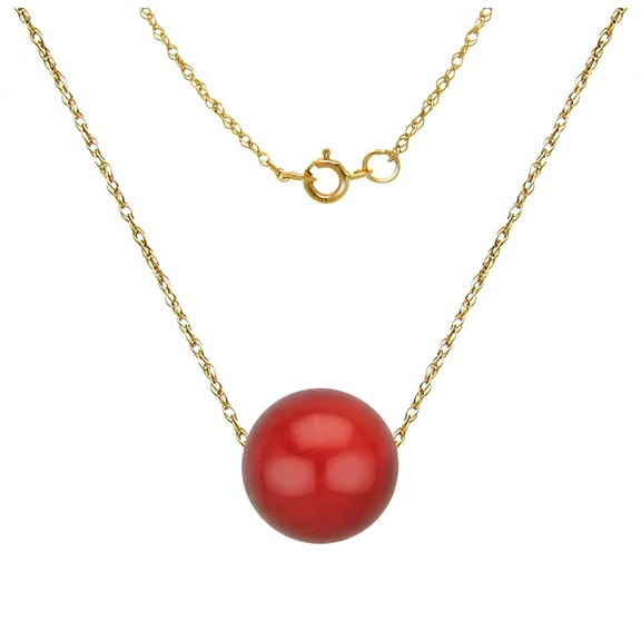 8mm Red Coral Charm Pendant Floating on an 18 Inches Long Rope Chain 14k Yellow Gold