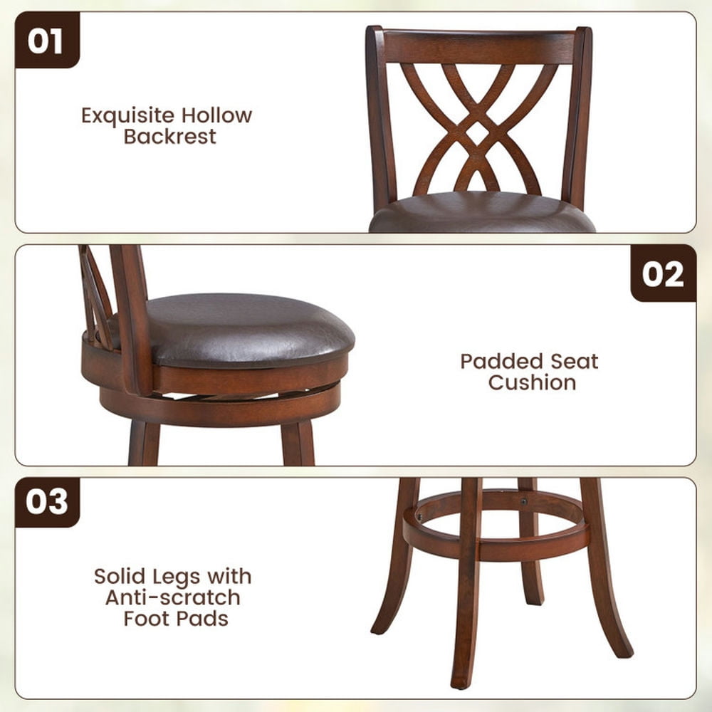 Demi Bonn 360° Swivel Counter Height Bar Stools with PU Leather Cushioned Seat and Footrests, 30" Modern Dining Chair with Backrests, Brown