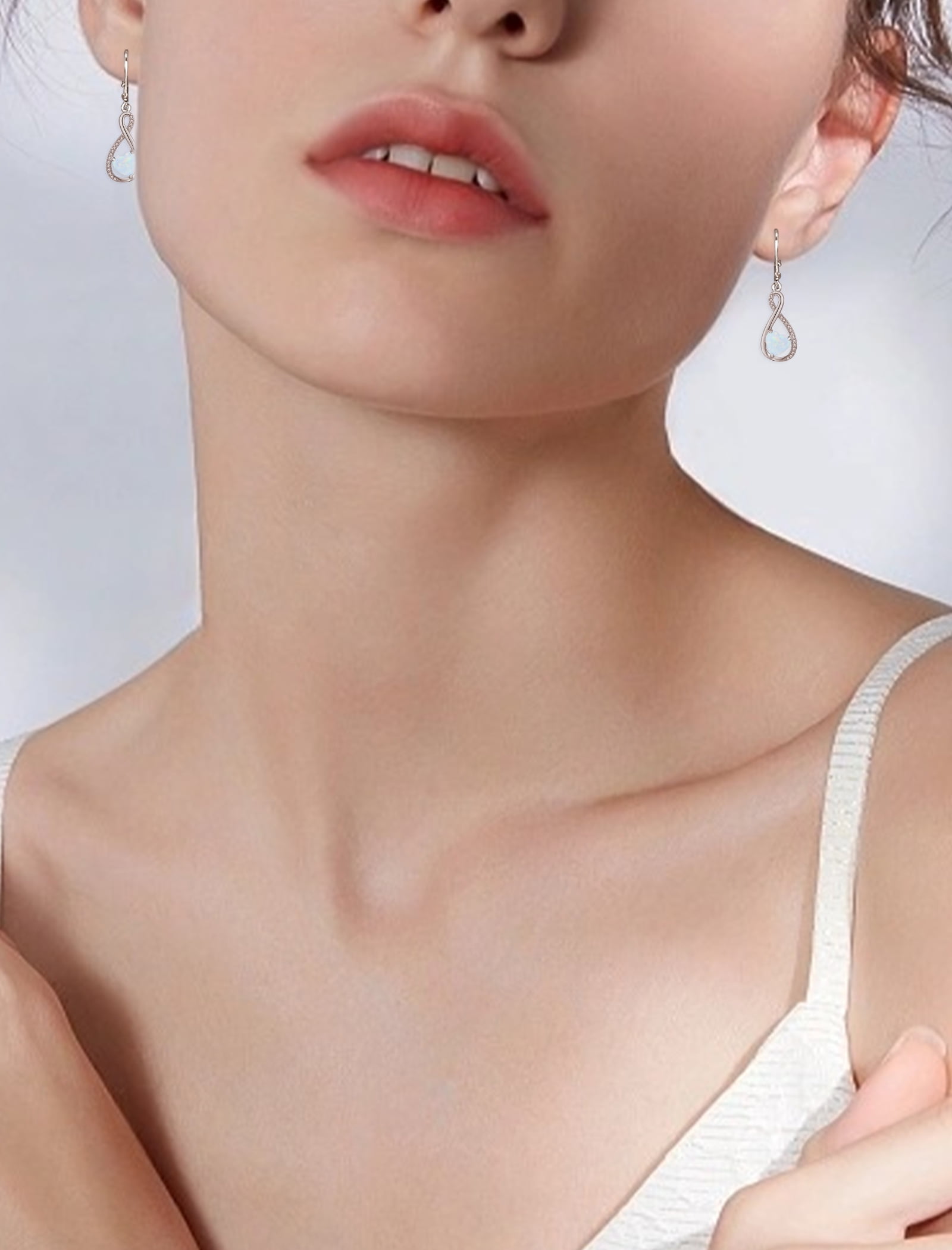 VESITIM Infinity Dangle Leverback Earrings 925 Sterling Silver Heart Earrings Created White Opal Jewelry for Women