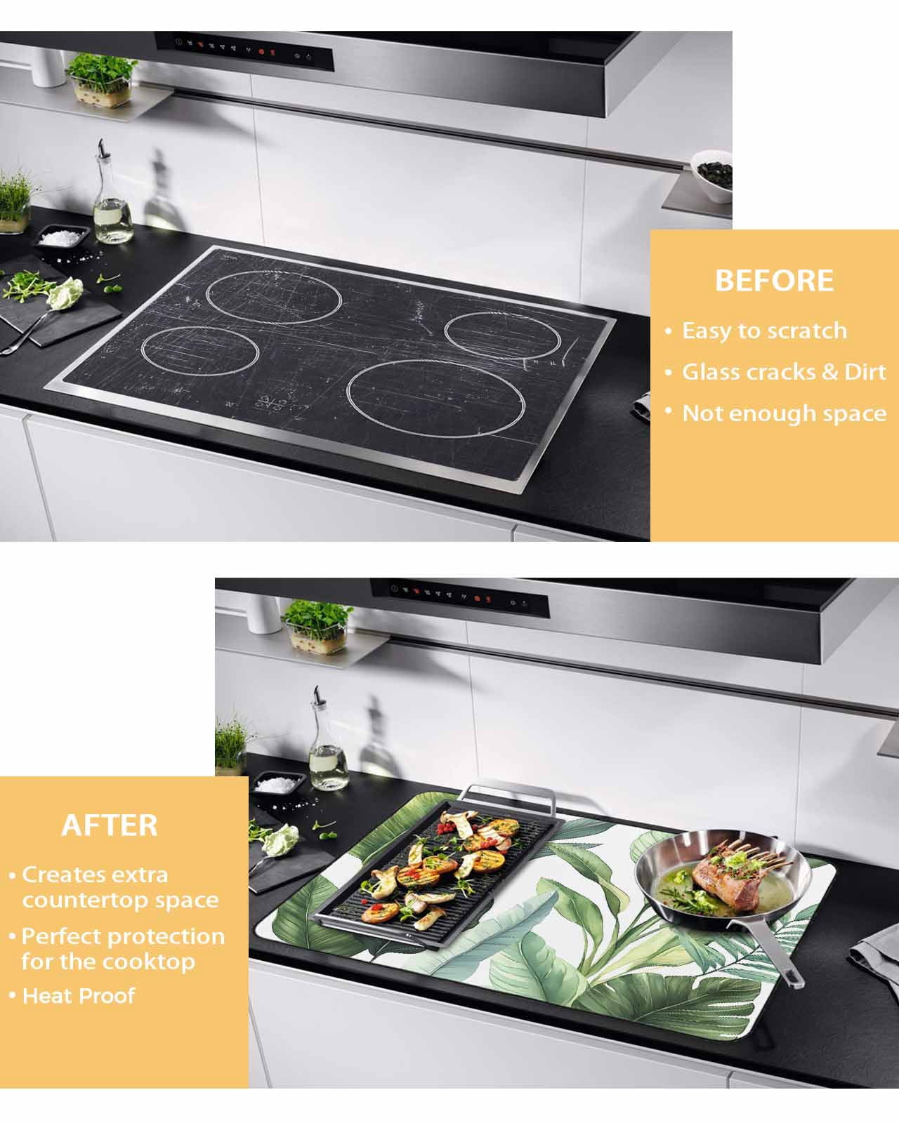 nqOlkjepod Large Induction Cooktop Protector Mat 36"x21", Palm Leaves Stove Top Covers for Electric Stove, Simple Summer Botanical Tropical Plants Stove Burner Cover Mats, Glass Top Stove Cover