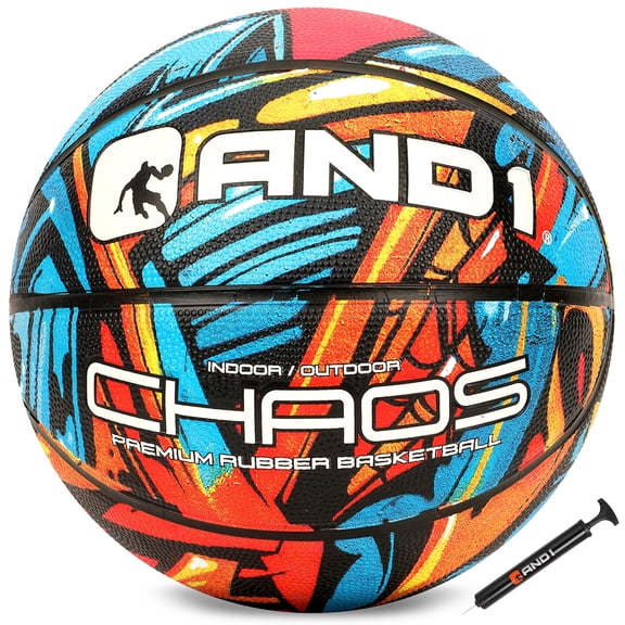 AND1 Chaos Graffiti Rubber Basketball, Size 7 (29.5"), Indoor/Outdoor, Deep Channel Construction, Vibrant Colors, Includes Hand Pump