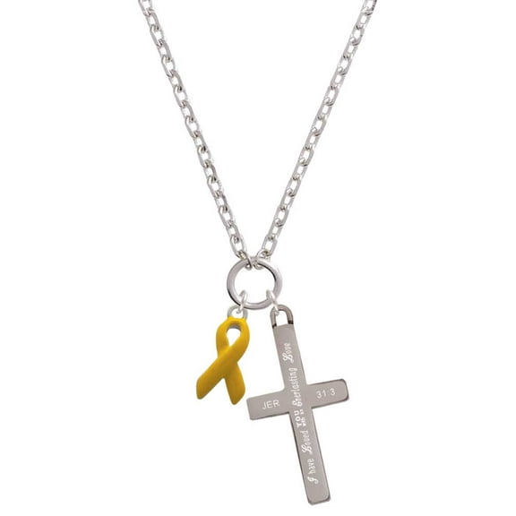 Delight Jewelry Silvertone Yellow Ribbon Everlasting Love Engraved Cross Zoey Necklace, 28"