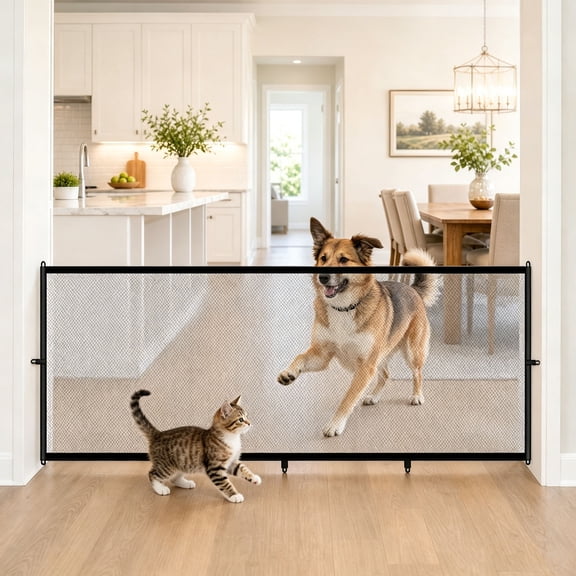 Pet Fence, No Drilling Home Barrier, Pet Gate for Doorway, Staircase, Entrance, Dog and Cat Containment, Black Nylon with Bottom Hooks
