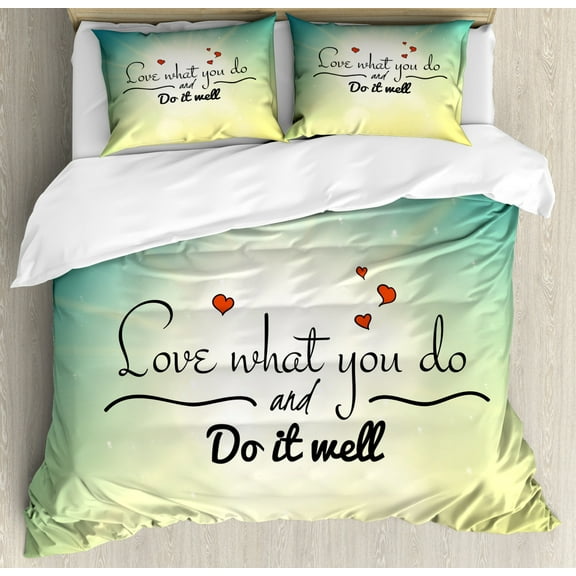 Love What You Do Duvet Cover Set Queen Size, Ombre Background with Hearts and Powerful Wording Abstract Blur Effect, Decorative 3 Piece Bedding Set with 2 Pillow Shams, Multicolor, by Ambesonne
