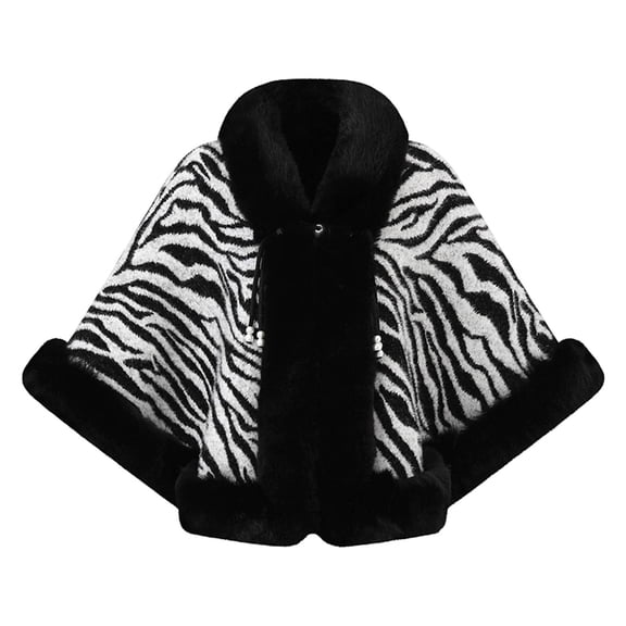 UTSJKR Women Zebra Print Faux Fur Trim Cape Coat V Neck Open Front Warm Poncho Jacket for Autumn Winter Casual Outfit Black