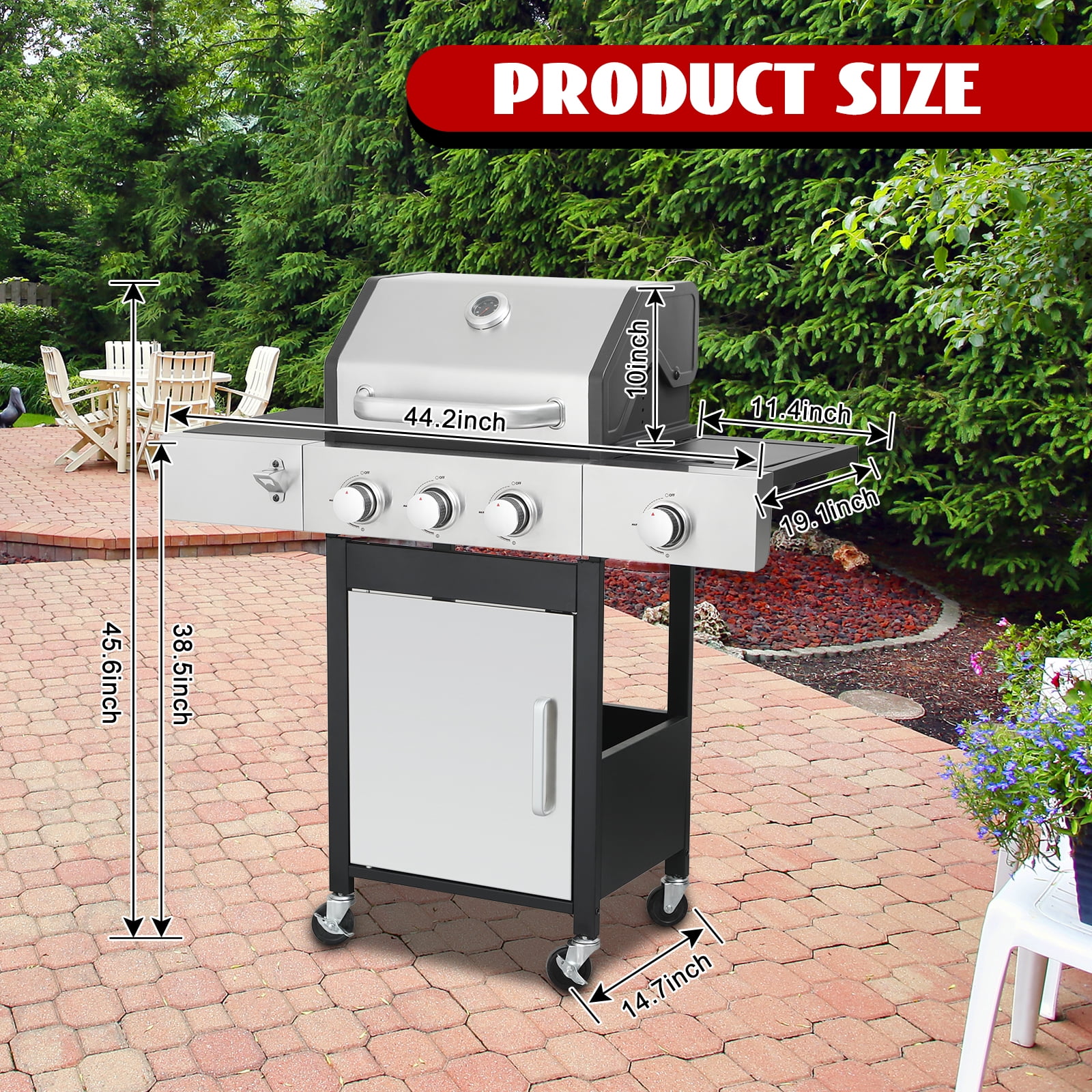 Nice Cooker 3-Burner Propane Gas Grill with Side Burner, Cast Iron Grates, Double Layer Lid