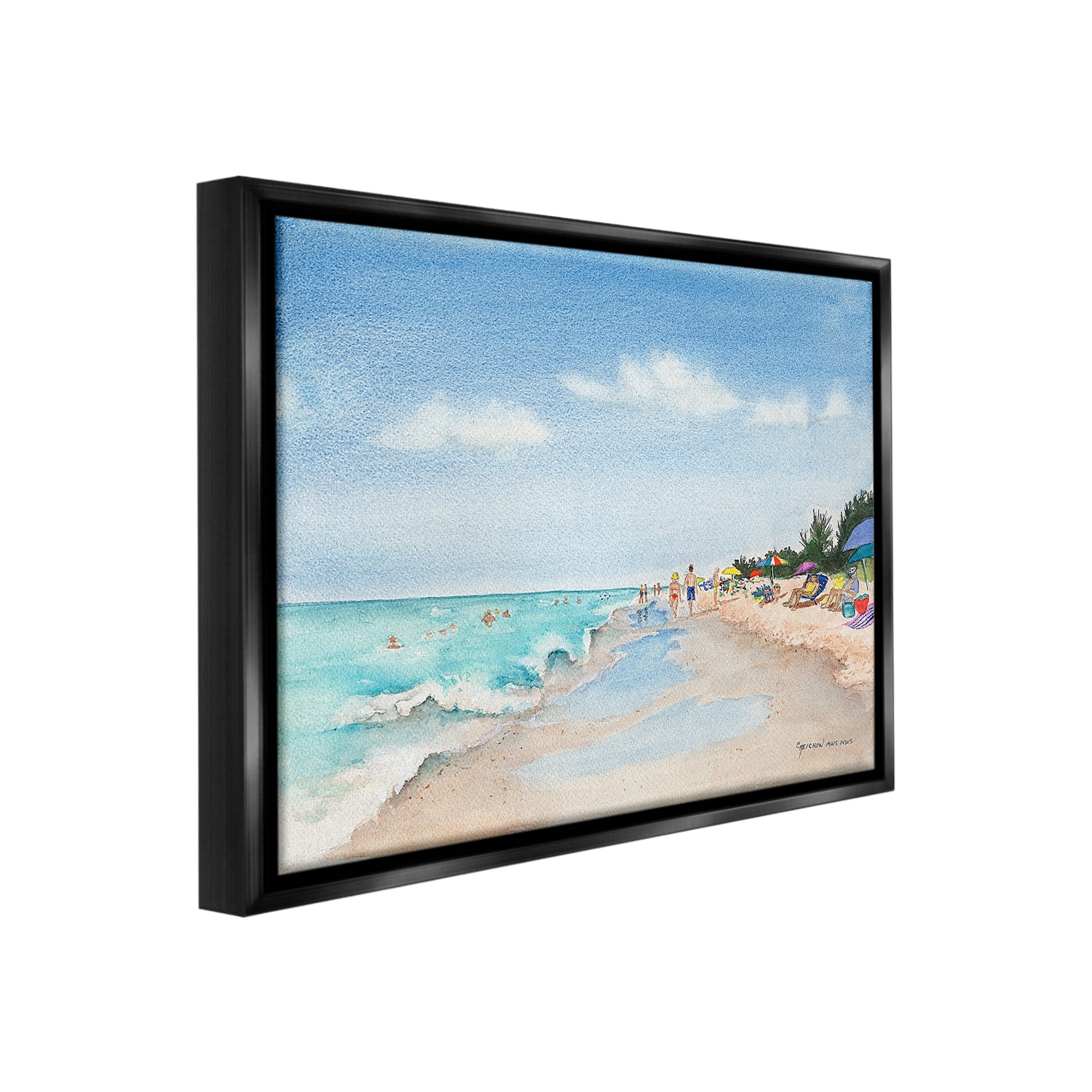 Stupell Industries Traditional Beachgoers View Landscape Painting Black Floater Framed Canvas Art Print Wall Art, 31 x 25