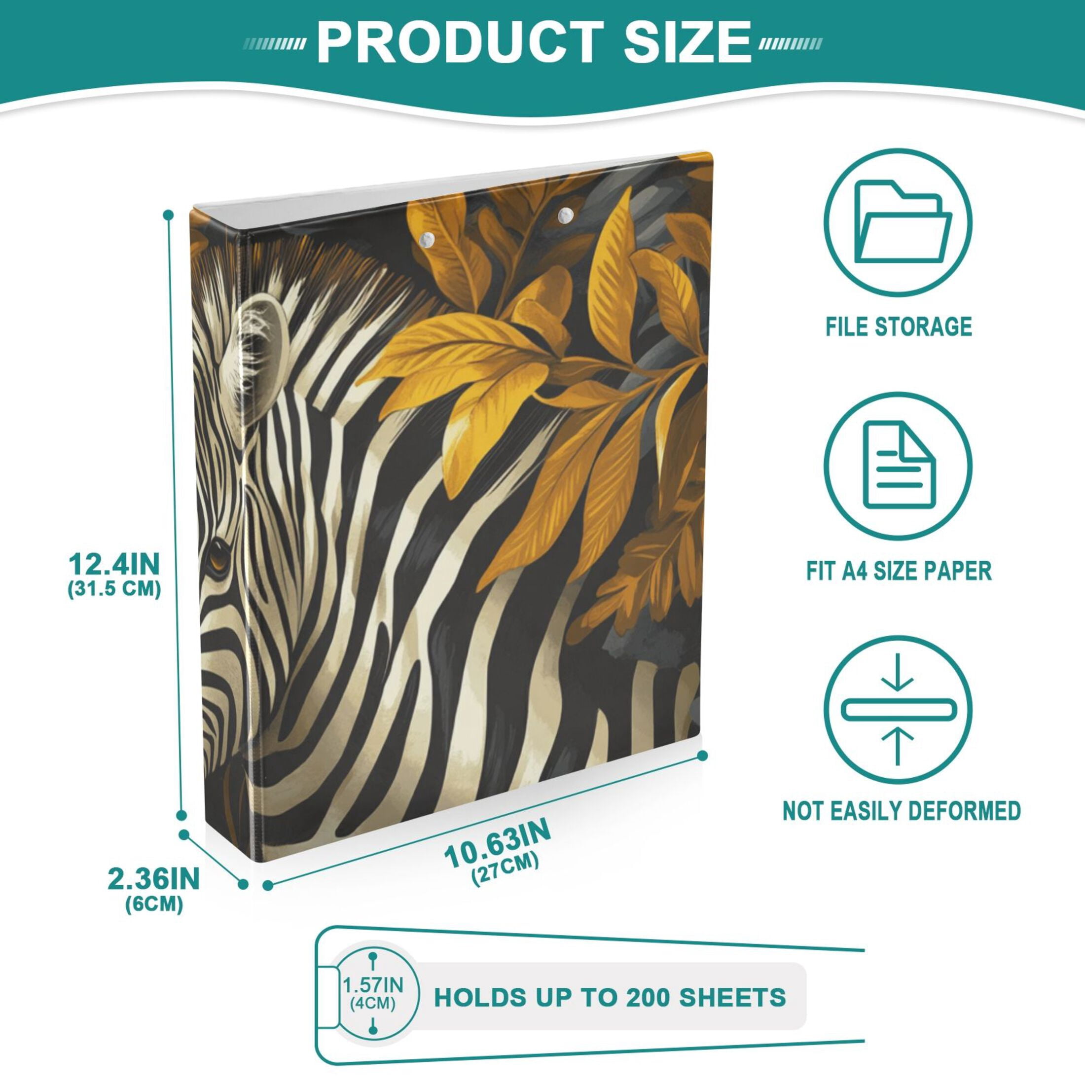 Zebras and Leaves 3 Ring Binders 1.5 inch Hardcover File Folders with Interior Pockets A4 Size Organizer for School Office Hospital