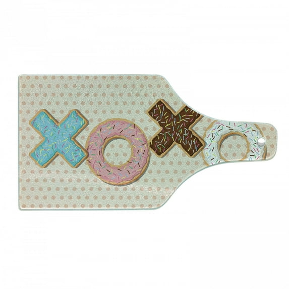 XOXO Cutting Board, Illustration of Delicious Donuts as Kisses Word Shape Polka Dotted Backdrop, Decorative Tempered Glass Cutting and Serving Board, in 3 Sizes, by Ambesonne