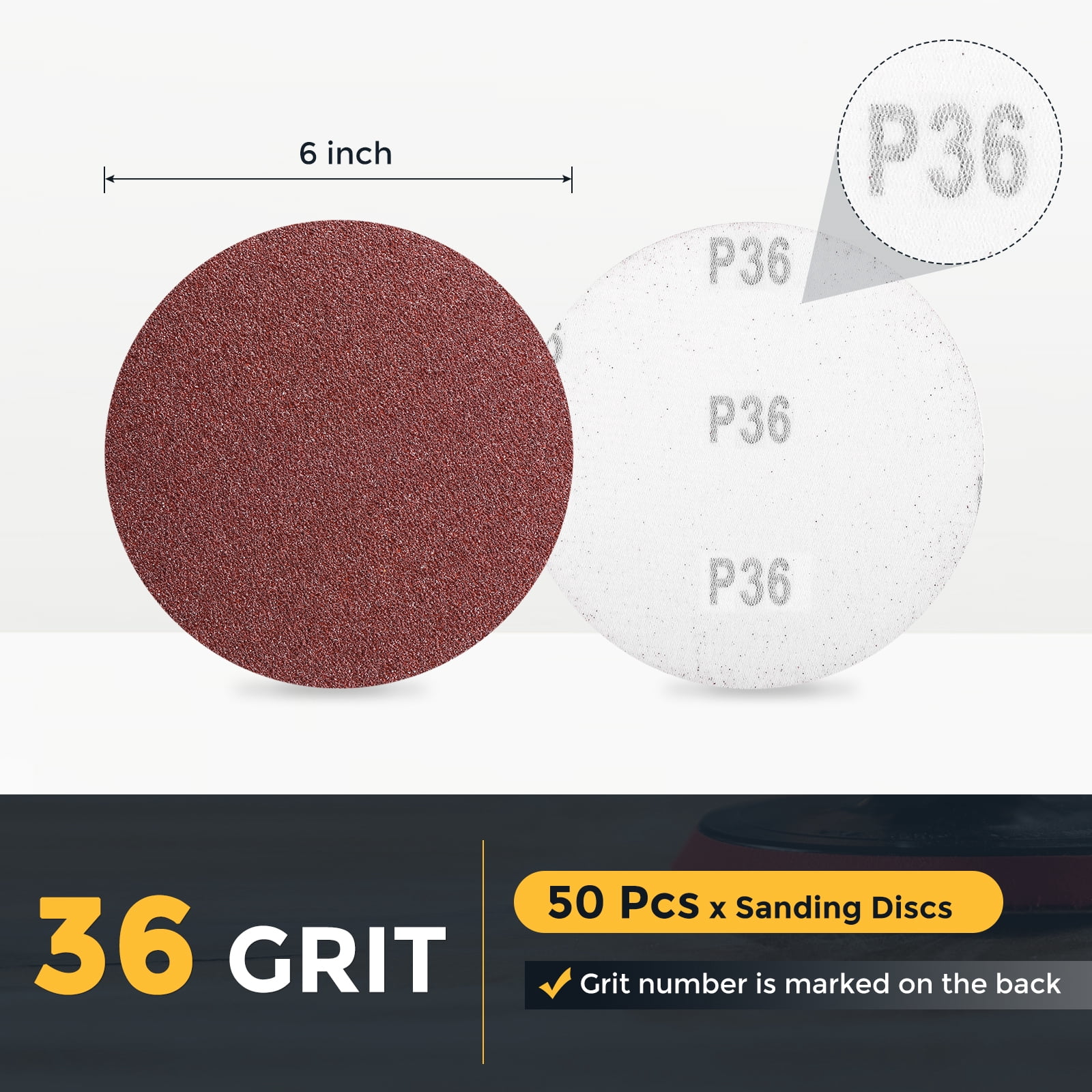 50 Pcs 6 Inch Sanding Disc 36 Grit Hook and Loop Sandpaper Random Orbital Sander Pads for Woodworking Automotive