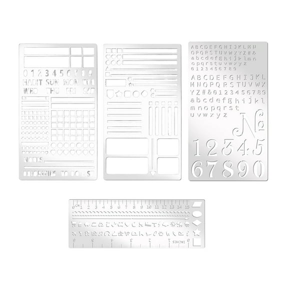 Sylvtty 4Pcs Metal Planner Stencil Set Rustproof Engraving Stencils for Journaling Scrapbooks Rulers Numbers Letters Decorative Shapes Templates for Beginners
