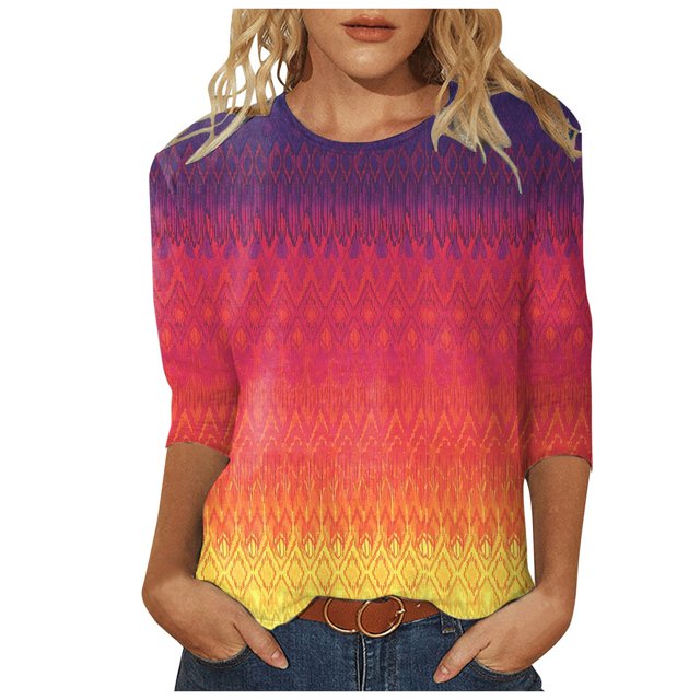 TSADFHJI Chemises pour Femmes Hiver Hauts pour Femmes Chemises Mi-Longues Manches Trois Quarts Chemises Graphiques T-Shirts T-Shirts Décontractés Hauts Tunique à Col Rond TG Rouge Melon D\'eau