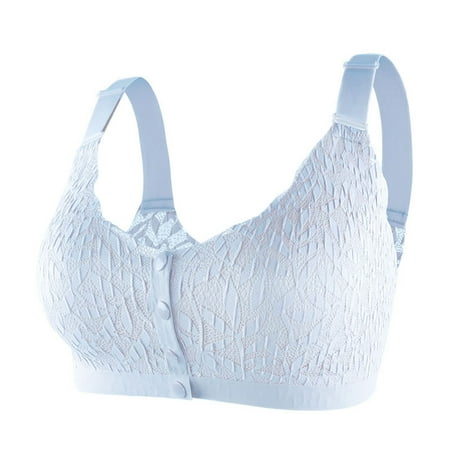 REORIAFEE Comfortable Bras for Women Front Closure Gathered Together Wireless Bras Striped Adjustable Straps Brassiere Comfy Wide Strap Breathable Corset Underwear Comfortable Lingerie Light Blue L