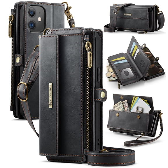 Decase Wallet Case for iPhone 12 Mini,Magnetic Flip Zipper Pocket PU Leather Phone Cover,Crossbody Flip Cover with RFID Card Slots,Black