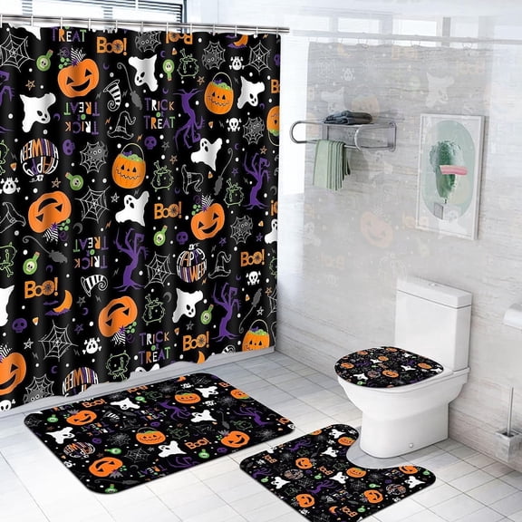FRAMICS Halloween Shower Curtain Sets with Rugs, 16 Pc Pumpkin Spooky Ghost Bathroom Sets, Black Waterproof Fabric Shower Curtain with 12 Hooks and Toilet Rugs