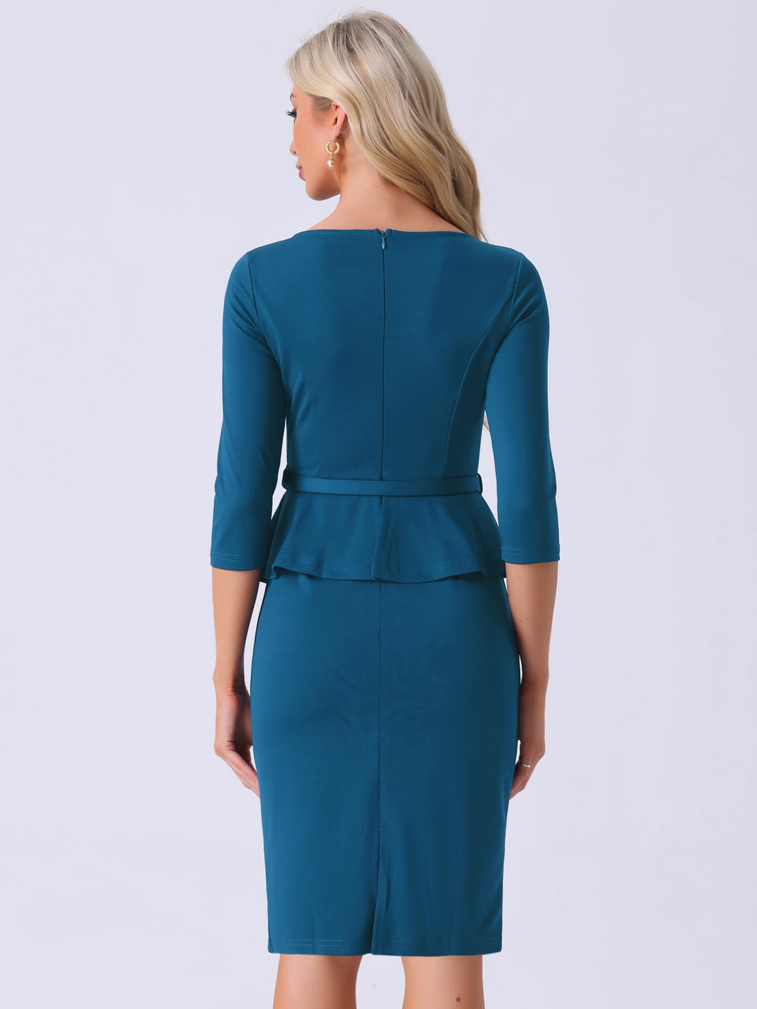 DARING DIVA Peplum Dress Belted Cocktail Sheath Dress S Blue Green