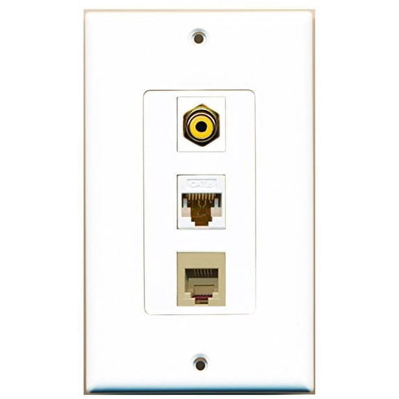 RiteAV - 1 Port RCA Yellow and 1 Port Phone RJ11 RJ12 Beige and 1 Port Cat6 Ethernet White Decorative Wall Plate Decorative