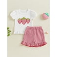 thumbnail image 3 of Baby Toddler Girl Strawberry Outfit 3 6 12 18 24 Months 2T 3T Fruit Embroidery Short Sleeve Ruffle Tops Plaid Ruffle Shorts 2 Piece Summer Clothing Set, 3 of 9