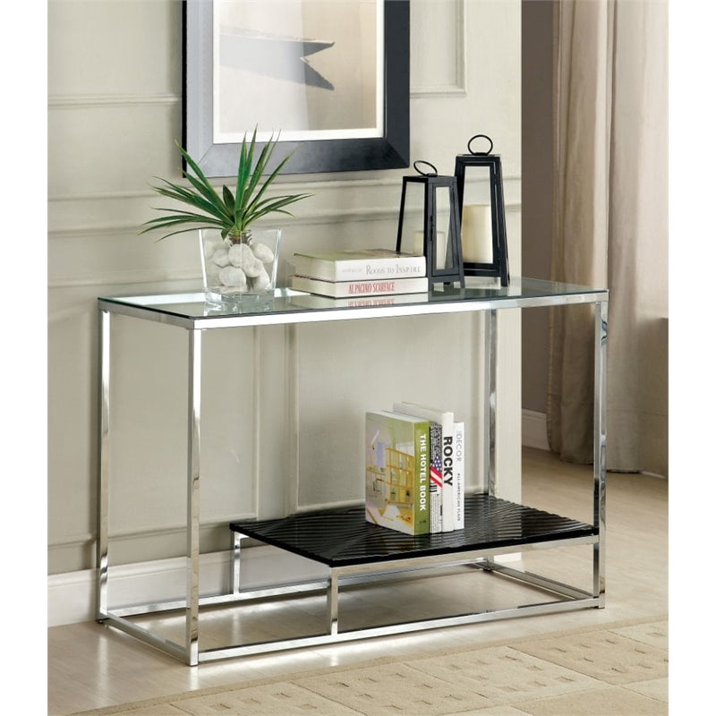 Furniture of America Nadia Glass Top Console Table in Chrome and Black