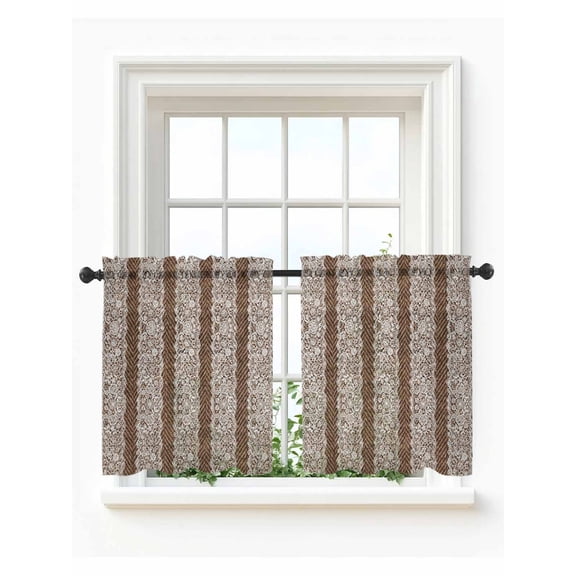 Brown White Vintage Tier Curtains 24 Inch Length,Sheer Curtains for Bedroom Living Room Modern Lace Stripes Vertical Bands Short Kitchen Curtains Drapes for Small Half Window 27.5"x24" 2 Panels