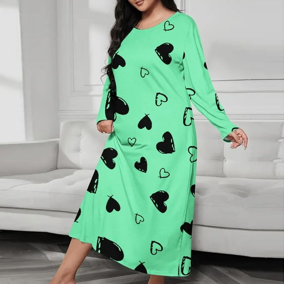 JUSLIO House Dresses for Women Hearts Loungewear Long Sleeve Robes Round Collar Pajama Army Green Sleepwear Nightgowns Nightgown Sleep Dress