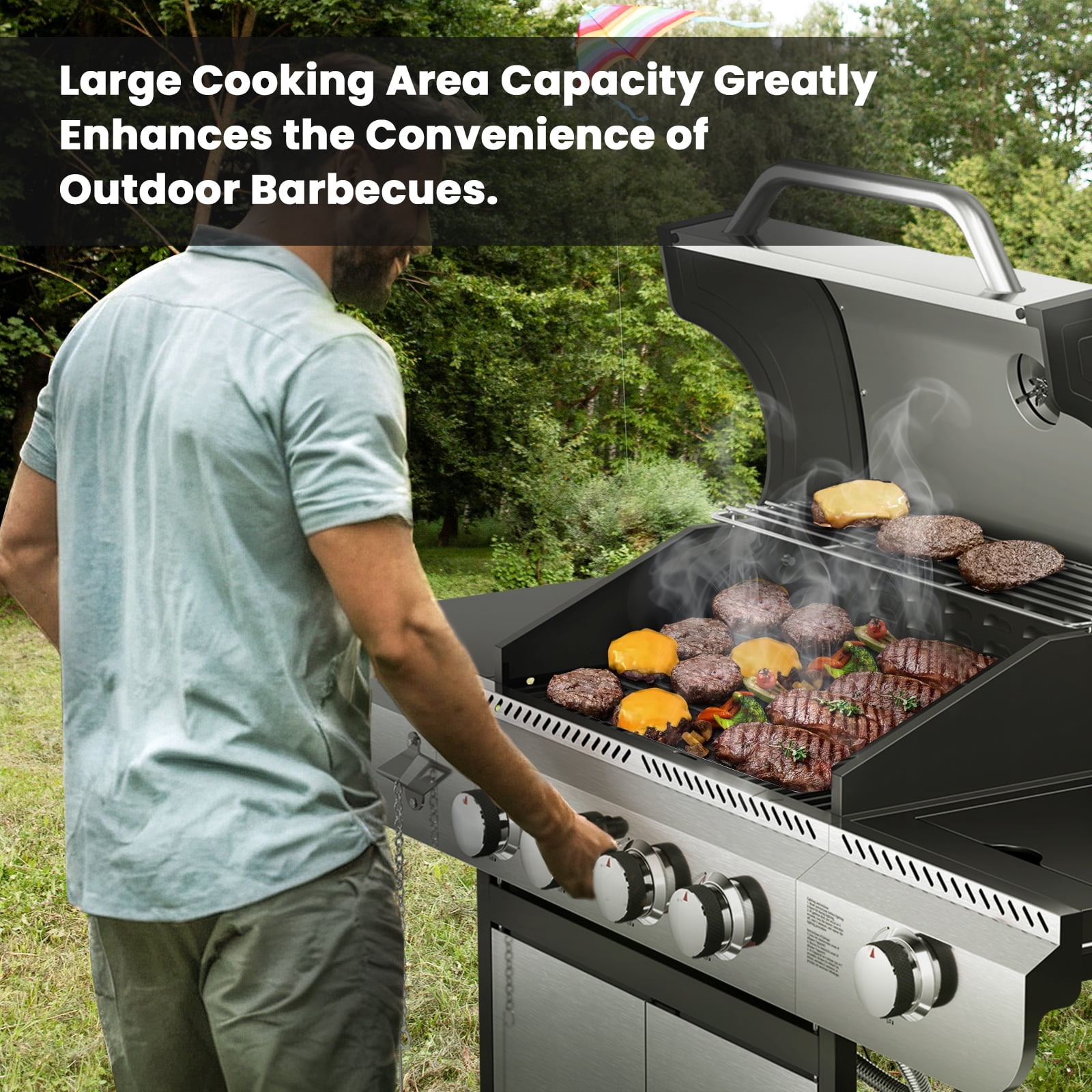 4-Burner Propane Gas BBQ Grill with Side Burner, Porcelain-Enameled Cast Iron Grates, and Baking Pan (42,000 BTU). Ideal for Outdoor Cooking and Patio Barbecues.
