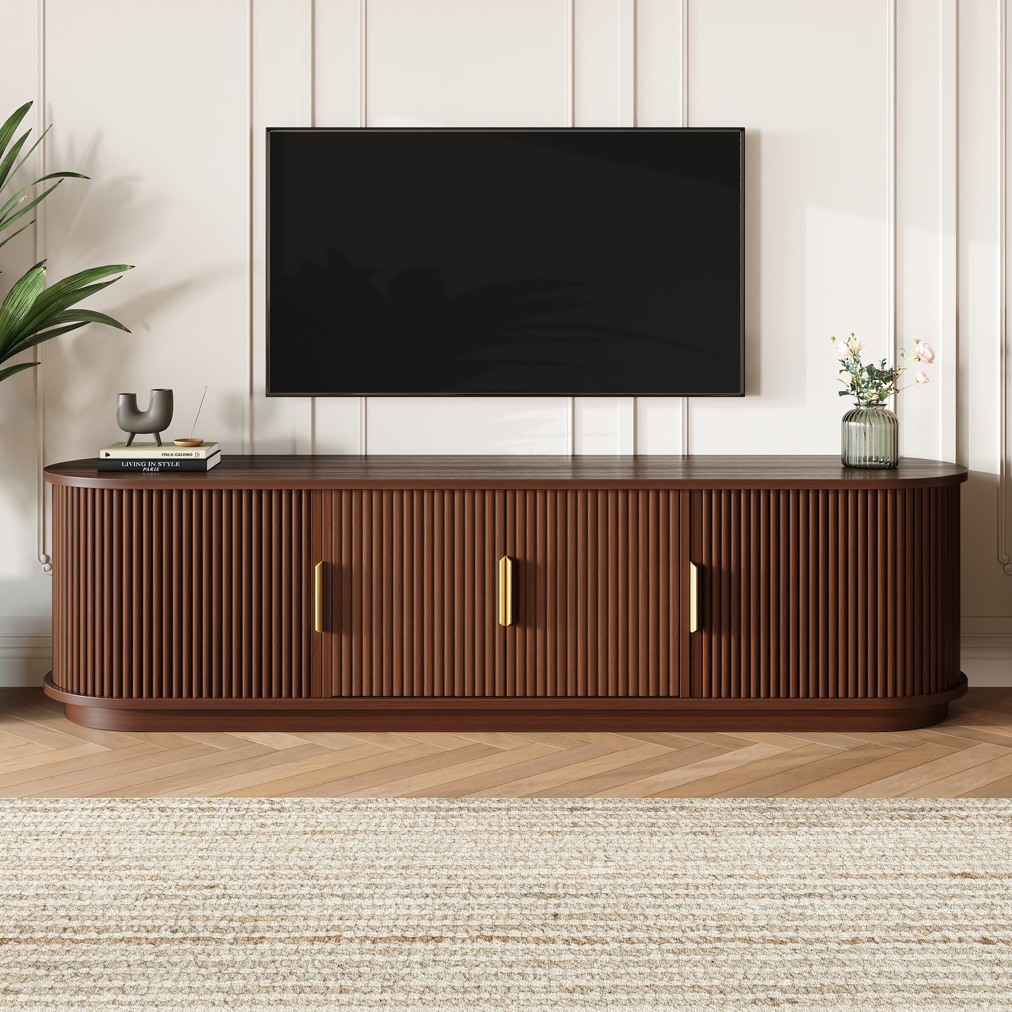 Euroco Farmhouse Wooden TV Stand with Sliding Tambour Door for TVs up to 75", Fluted Media Console with Adjustable Storage, Golden Handle TV Cabinet with Cable holes for Living Room