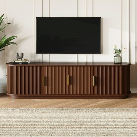 Aukfa Wood TV Stand for TVs up to 75", Entertainment Center with Fluted Tambour Sliding Door,Walnut