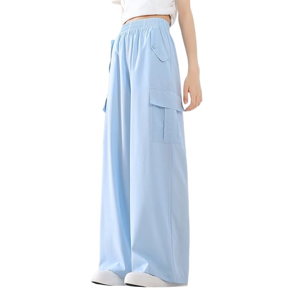 CPNG Girls' Summer Thin Cargo Pants Elastic Waist Wide Leg Baggy Casual Cargo Sweatpants Multi-Pocket Jogger(Sky Blue,9-10 Years)