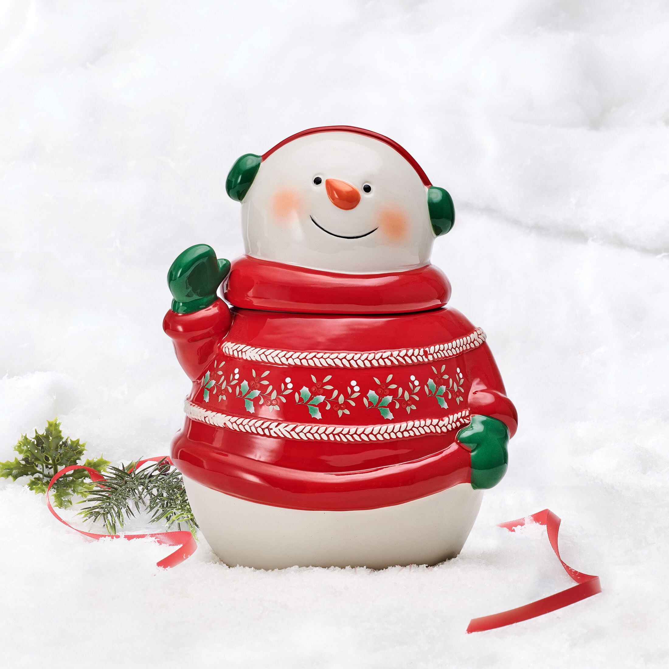 Pfaltzgraff Winterberry Ceramic Snowman Cookie Jar 10in Festive