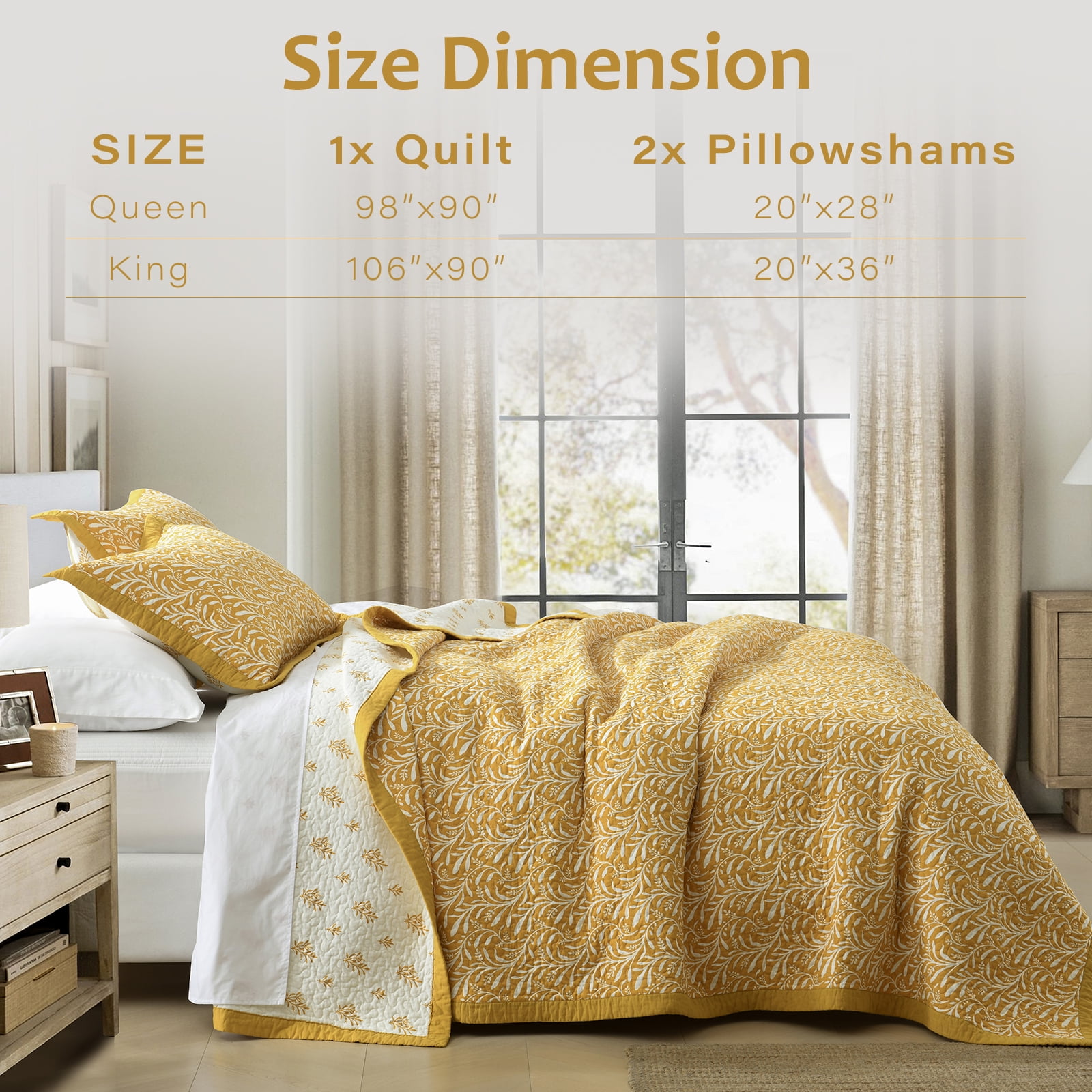 DUOHONG Queen Quilt Set 100% Cotton Farmhouse Lightweight Bedding Set, White/Tangerine Yellow, 90"W x 98"L