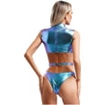 thumbnail image 4 of Women Club Pole Dance Leotard Shiny Metallic Sleeveless Stand Collar Cut Out Bodysuit Catsuit Pool Party, 4 of 6