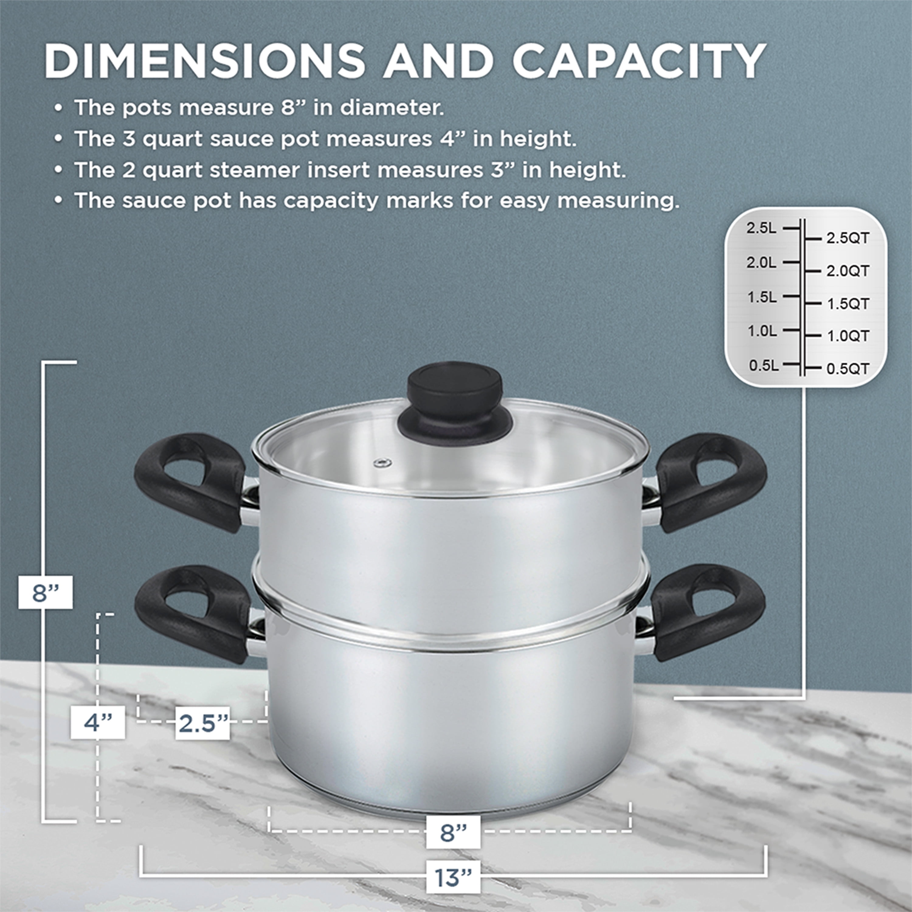 Nevlers Stainless Steel 2.8 Liter Steamer Pot with 1.9 Liter Steamer Insert  and Glass Vented Lid - Safe and Durable
