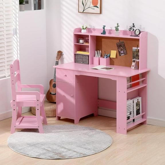 Joyspirit Kids Study Desk and Chair Set, Writing Table with Bookshelf, Bulletin Board, School Activity Table Storage with Cabinets for Kids, Pink