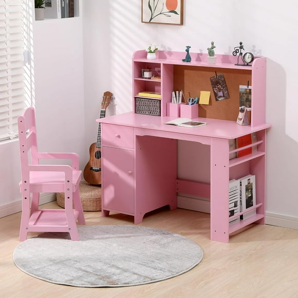 Escritorio y Silla para Niños, Mesa de Estudio de Madera con Estante de Almacenamiento y Panel de Corcho, Escritorio para Aprendizaje Infantil